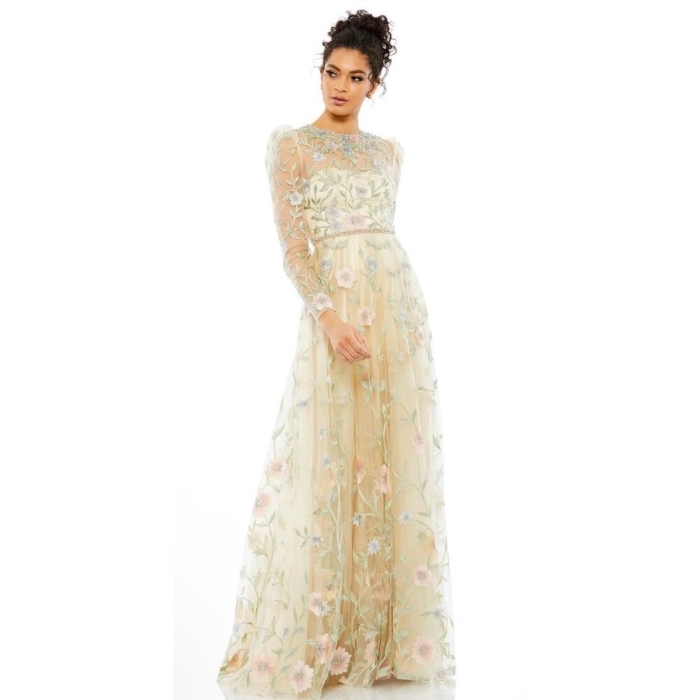 Mac Duggal Gown Dress‎ Womens Size 18 Floral Garden Beaded Sequin Illusion  $798